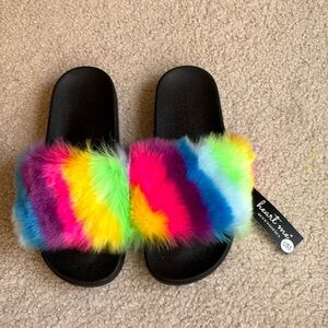 NWT rainbow fuzzy slides
